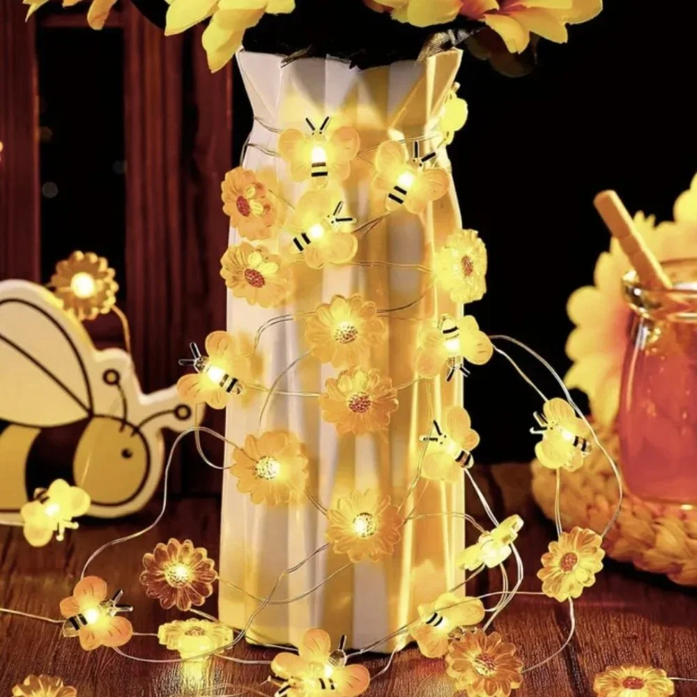 6.5 Ft 20 LED Spring Fairy String Lighting Lights Yellow Bees Daisy Flowers New